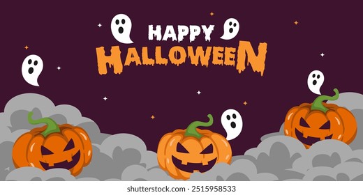 Halloween background with pumpkin and ghost on dark night and clouds background with copy space area