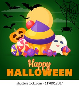 Halloween background with pumpkin, ghost and sweets. Vector illustration