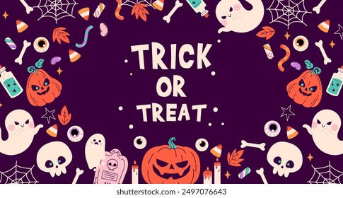 Halloween background with pumpkin, ghosts, sweets, candles.  Trick or Treat banner design. Halloween sweets. Happy holiday, Halloween for kids. Vector illustration in flat style 