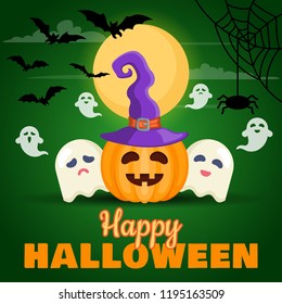 Halloween background with pumpkin and ghosts. Vector illustration