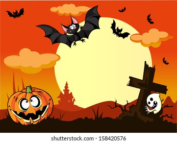 Halloween background with pumpkin in the grass, grave, cute bats and moon in the back 