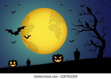 Halloween background with pumpkin in grass, tree,moon and bat. Design for poster,banner,web. Vector illustration