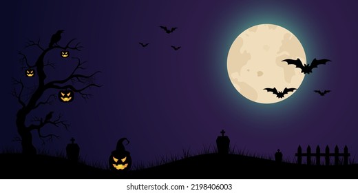 Halloween background with pumpkin in grass, tree,moon and bat. Design for poster,banner,web