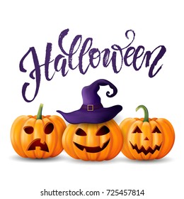 Halloween background, pumpkin. Greeting card for party and sale. Autumn holidays. Hand drawn lettering Halloween. Vector illustration EPS10.