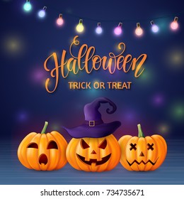 Halloween background, pumpkin, hand drawn lettering. Greeting card for party and sale. Autumn holidays. Vector illustration EPS10.