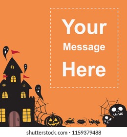 Halloween background with pumpkin, haunted house and cemetery. card or invitation template for Halloween party. Vector illustration.