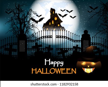 Halloween  background with pumpkin, haunted house & full moon. Invitation template for Halloween party & night. Halloween horror background with hounted gate.
