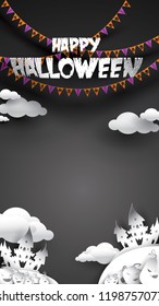 Halloween background with pumpkin, haunted house in paper art carving style. banner, poster, Flyer or invitation template party. Vector illustration.