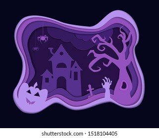 Halloween background with pumpkin, haunted house and scary tree. Paper cut style illustration. Template for design