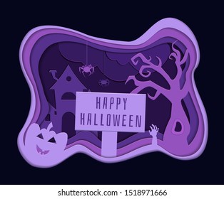 Halloween background with pumpkin, haunted house and scary tree. Paper cut style illustration. Template for design
