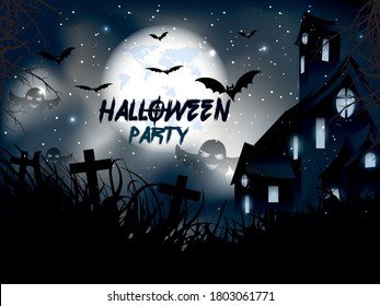 Halloween background with pumpkin, haunted house & full moon. Invitation template for Halloween party & night. Halloween horror background with hounted gate.