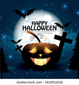 Halloween background with pumpkin, haunted house & full moon. Invitation template for Halloween party & night. Halloween horror background with hounted gate.