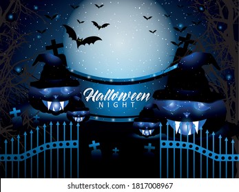 Halloween background with pumpkin, haunted house & full moon. Invitation template for Halloween party & night. Halloween horror background with hounted gate.