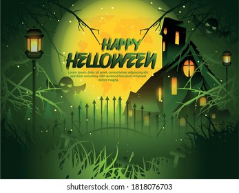 Halloween background with pumpkin, haunted house & full moon. Invitation template for Halloween party & night. Halloween horror background with hounted gate.