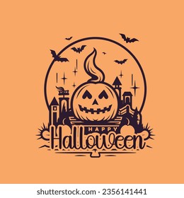 Halloween background with pumpkin, haunted house. Flyer or invitation template for Halloween party. Vector illustration.