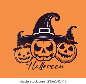 Halloween background with pumpkin, haunted house. Flyer or invitation template for Halloween party. Vector illustration.