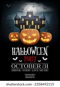 halloween background with pumpkin and haunted house. halloween party poster