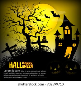 Halloween background with pumpkin, haunted house and full moon. Vector illustration
