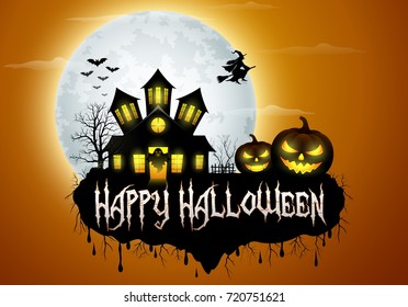 Halloween background with pumpkin, haunted house and full moon