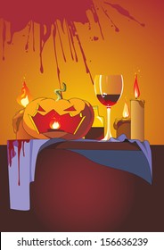 Halloween background: Pumpkin head, candles, glass table