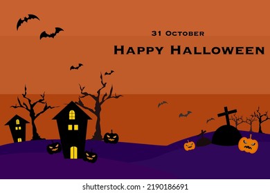 Halloween background with pumpkin and housewith death trees and bats flying from graves. 