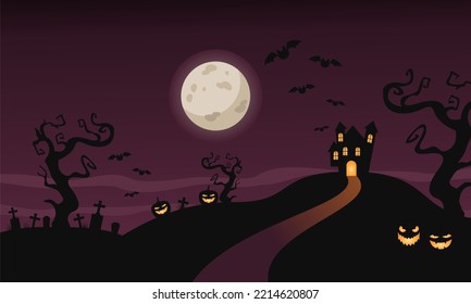 Halloween Background with Pumpkin Halloween Jack O lantern, Witch Castle, and dark Purple color. Suitable to use on Halloween event. Also suitable for uploading social media at Halloween event