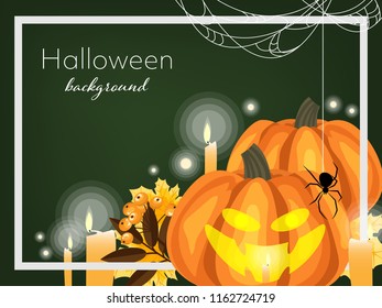 Halloween background of Halloween pumpkin lantern with candles, maple leaves, autumn berries, spiders with cobweb and white frame on green background with your copy space. Vector illustration.

