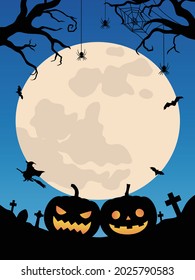 Halloween background. Pumpkin lantern, witch and moon.