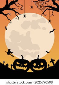 Halloween background. Pumpkin lantern, witch and moon.