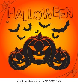 Halloween background with pumpkin lanterns, bats and spider 