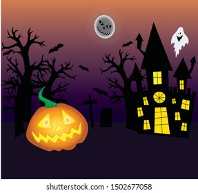 Halloween background with pumpkin, moon, trees silhouette, house, ghost, bats, with pumpkin vector illustration for decoration and design