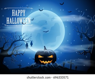 Halloween background with pumpkin and the moon. Vector illustration