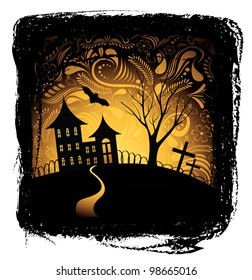 Fondo de Halloween con calabaza, murciélago nocturno, árbol y casa en el marco