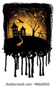Halloween background with pumpkin, night bat, tree and house in frame with splash