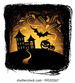 Halloween background with pumpkin, night bat, tree and house