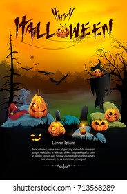 Halloween background with a pumpkin in the night under the moon in a scary forest. vector illustration with background or  poster,  flyer, card.