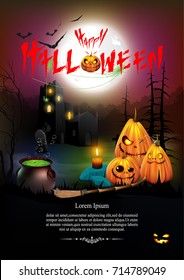 Halloween background with a pumpkin in the night under the moon in a scary forest. vector illustration with background or  poster,  flyer, card.