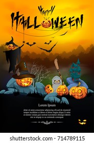 Halloween background with a pumpkin in the night under the moon in a scary forest. vector illustration with background or  poster,  flyer, card.