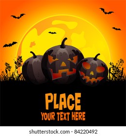 Halloween background with pumpkin on grass, element for design, vector illustration