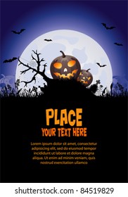 Halloween background with pumpkin on grass, element for design, vector illustration