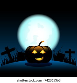 Halloween background. Pumpkin on the graveyard with full moon background, illustration.