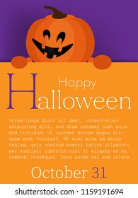 Halloween background of Halloween pumpkin on purple background with Happy Halloween text October 31 on orange frame with your copy space. Vector illustration.