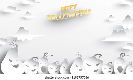 Halloween background with pumpkin paper art carving style. banner, poster, Flyer or invitation template party. Vector illustration.