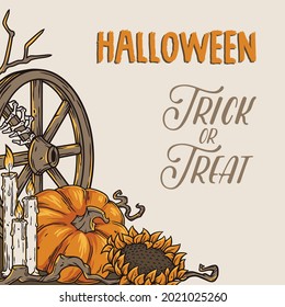 Halloween background for pumpkin party. Happy halloween or holiday autumn composition for design poster, banner, label and website or stories. Festive invitation and postcard