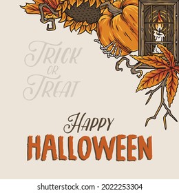 Halloween background for pumpkin party. Happy halloween or holiday autumn composition for design poster, banner, label and website or stories. Festive invitation and postcard