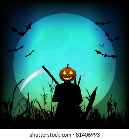 Halloween background with pumpkin reaper in the cornfield and full moon in the background