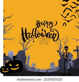 halloween background with pumpkin, Halloween pumpkin and skeleton with bats
