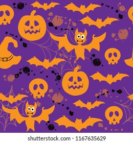 Halloween background with pumpkin, skull, flying mouse on a purple background seamless pattern