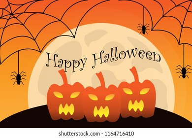 
Halloween background with pumpkin and spider web. The moon shines in the night.Vector illustration Fat Design. 