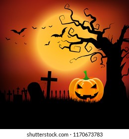 Halloween background with pumpkin in spooky landscape